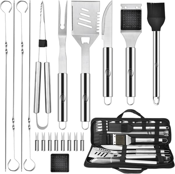20 stk grilltilbehør, for utendørsgrill med mattermometer, etui og forkle