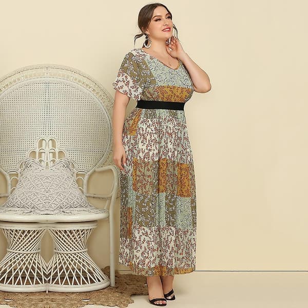 Vår Sommar Plus Size Dam Fly Ärm V-ringad Mode Sömnad Blommig Lång Kortärmad Klänning Blue 3XL
