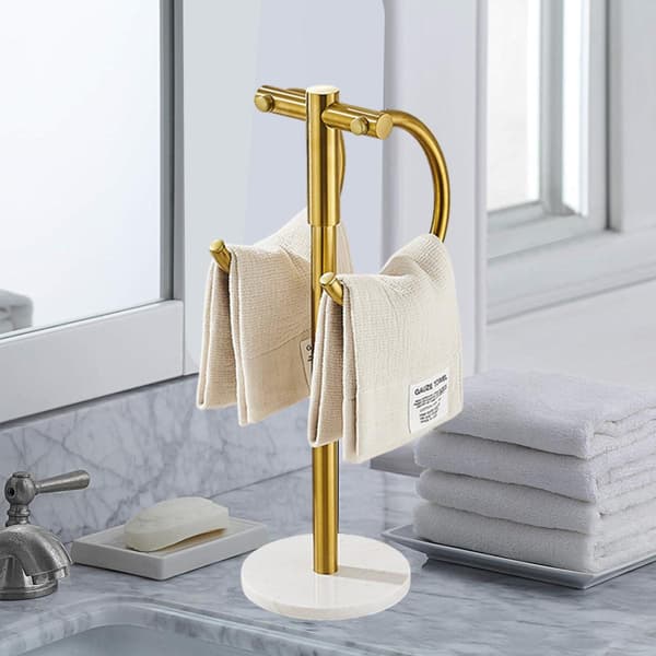 Håndklestativ i rustfritt stål med marmorbase for bad og toalett, sølv