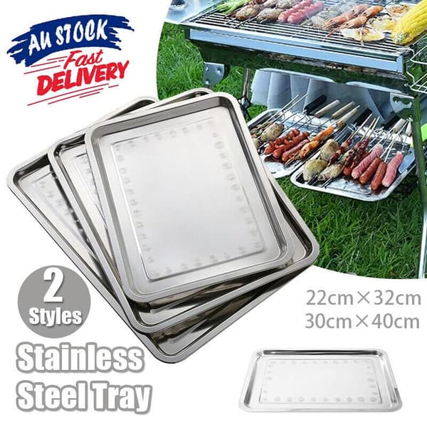 2X Rostfritt Stål Avlång Bricka Tallrik Serveringsbricka Silver Middag Mat Köksutrustning 22X32CM