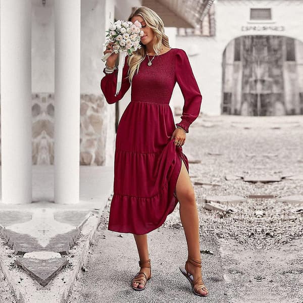 Temperament Elegant Enfärgad Vår Sommar Dam O-ringning Långärmad Chic Klänning Pink XL