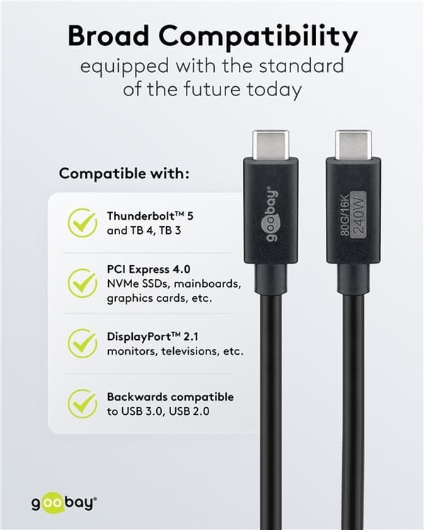 Certificeret USB-C-kabel, USB4 2.0, 1,2 m, sort, 240W, 120 Gbps, 16K, HDR