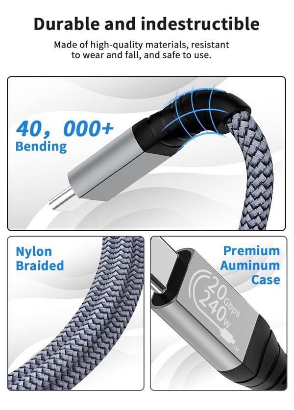 USB C-kabel 240W, USB 3.2 20Gbps, flettet nylon, 1m, grå sort