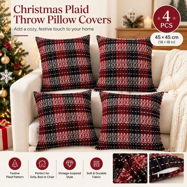 Julepude med tern, rød og sort, 45x45 cm, retro tweed sofapudebetræk 45x45cm Red Black Plaid, 2 Pack