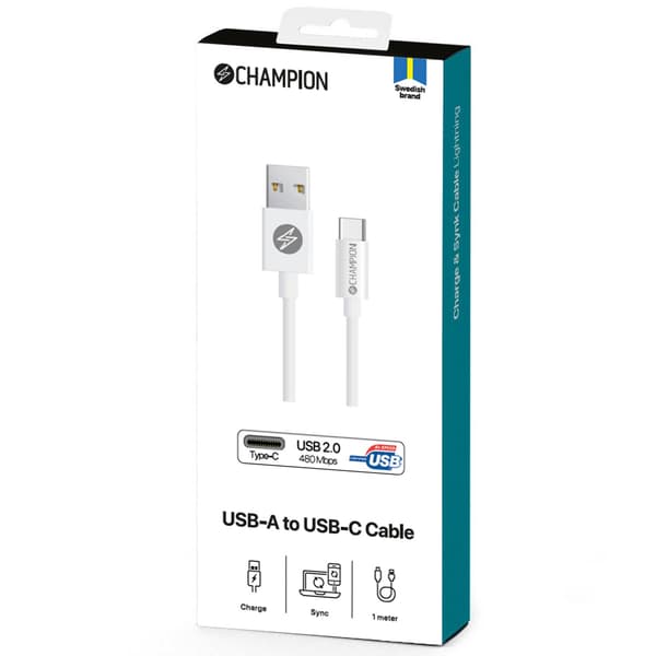USB-A–USB-C-kaapeli 1m valkoinen, lataus ja synkronointi älypuhelimille ja tableteille