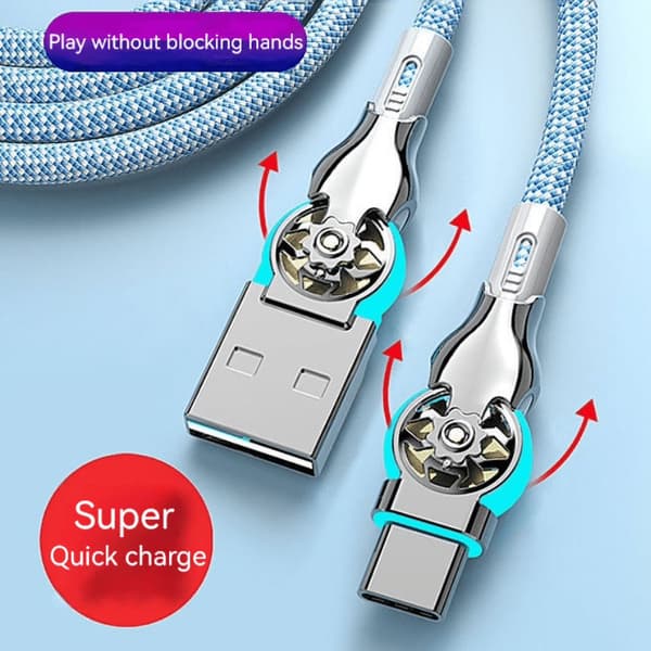 USB Type-C Dubbel Vinklad Svängbar Nylonflätad Snabbladdningsdatakabel, 2m, Blå, med Ljus