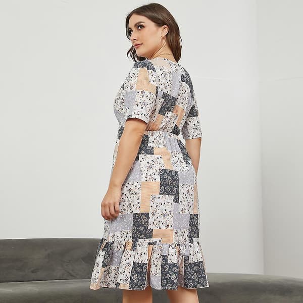 Dam Plus Size V-ringad Kortärmad Hög Midja Elastisk Chic Klänning Xl-5xl Yellow 4XL