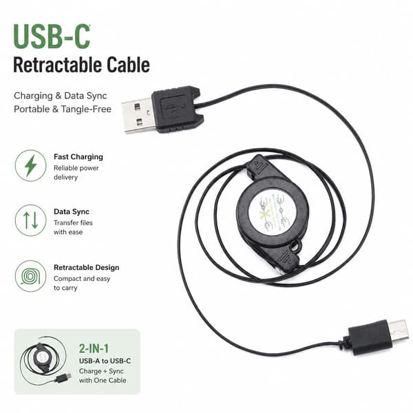 USB-C infällbar kabel 2-pack, Typ-C 3.1 laddning och datasynkronisering, svart, bärbar