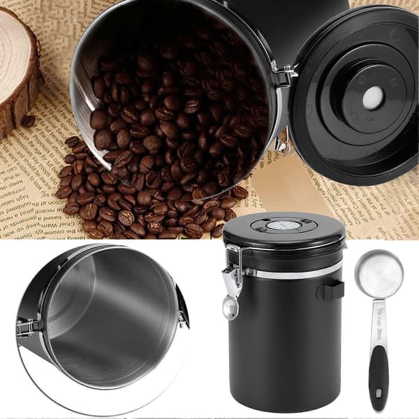 1,8L lufttett kaffebeholder med skje, design i rustfritt stål