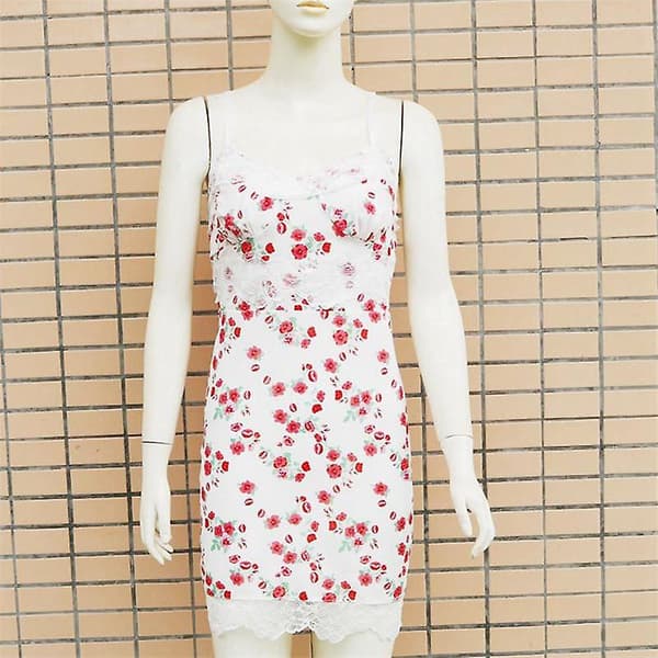 Sommar Spaghetti Strap Spets Dam Slim Tryck V-ringad Kort Blommig Klänning White L