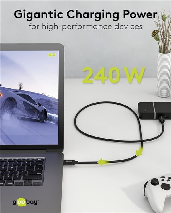Certificeret USB-C-kabel, USB4 2.0, 1,2 m, sort, 240W, 120 Gbps, 16K, HDR