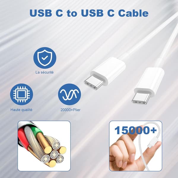 20W USB-C-lader kompatibel med iPhone 17/16/15 og Samsung, 2m kabel, hvit