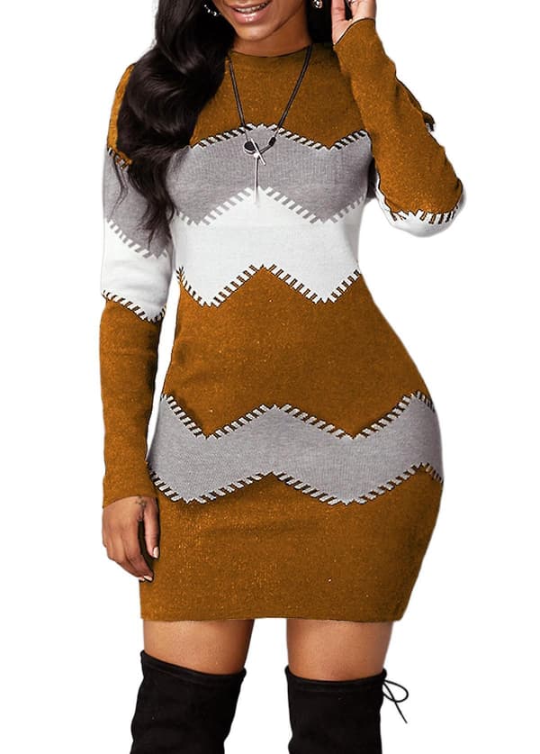 Dam Zigzag Stickad Klänning YELLOW 4XL