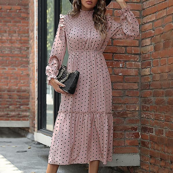 Kvinders Temperament Pink Langærmet Polka Dot Efterår Flæser Løs A-line Kjole Pink S