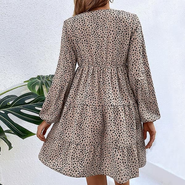 Vår Dam V-ringad Lykta Ärm Hög Midja Plisserad Leopard Klänning Khaki XL