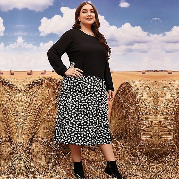 Plus Size Höst Vinter O-ringning Långärmad Stickad Patchwork Lös Klänning L-4xl Black XXL