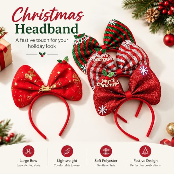 Julehårbøjle med stor sløjfe, rød, polyester, festligt hårtilbehør til voksne og børn Red bow print headband