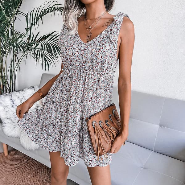 Sommarklänning för damer, V-ringad, ärmlös, blommig chiffong, A-linjeformad, tryckt Light blue XL