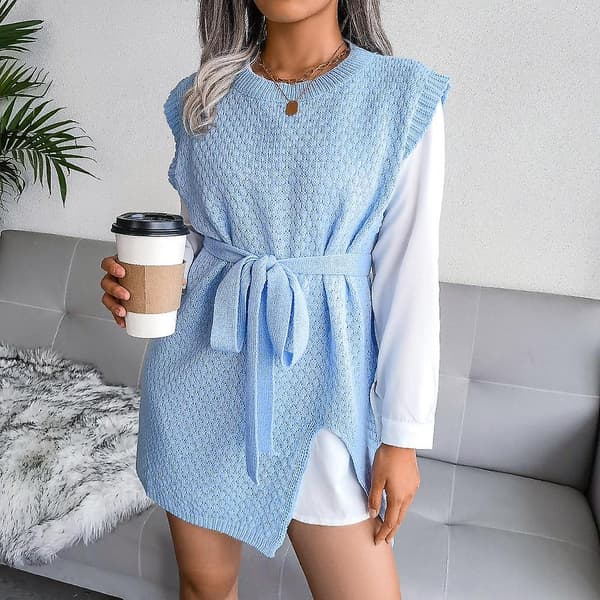 Kvinder Efterår Vinter Afslappet Snøre Vest Sweater Chic Strikket Kjole S-L White M
