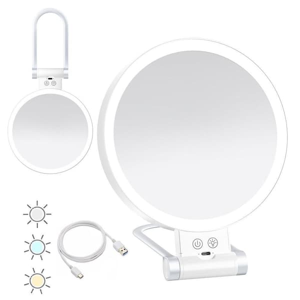 Dobbeltsidet 1X/30X forstørrende foldbart makeup-spejl med 3 farvede lys