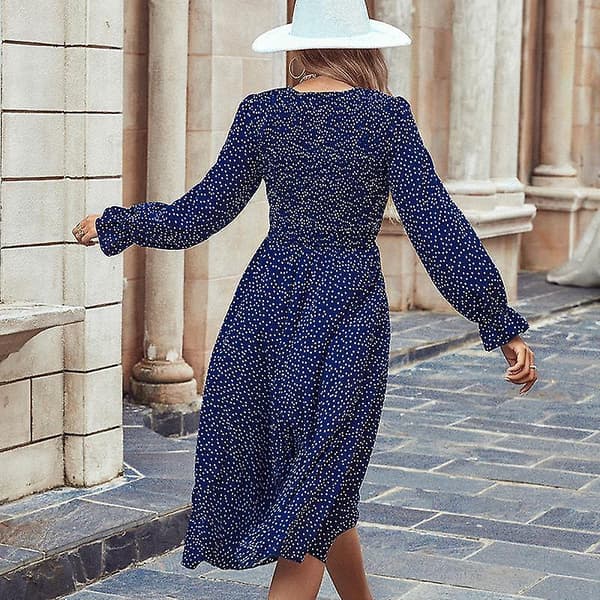 Vår Höst Dam Polka Dot Marinblå Hög Midja Medium Lång Tryck Klänning Långärmad All Match Navy blue M