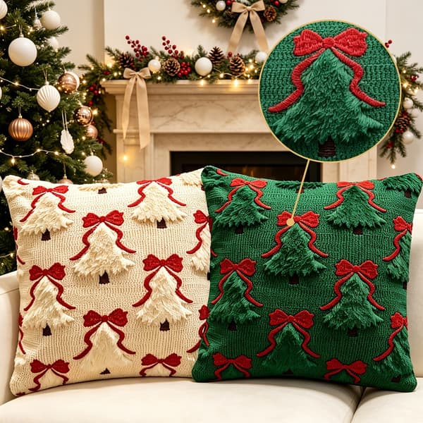 Julepudebetræk, plys juletræ med sløjfe, 45x45 cm firkantet sofapudebetræk 45x45cm 2-Pack, Red Tree Green Bow