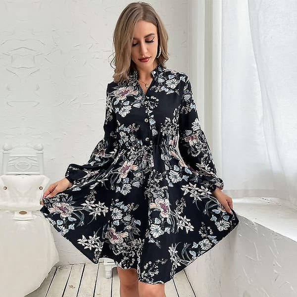 Forår Efterår Sort Retro Dame V-hals Snøre Langærmet Printet Kjole Black XL