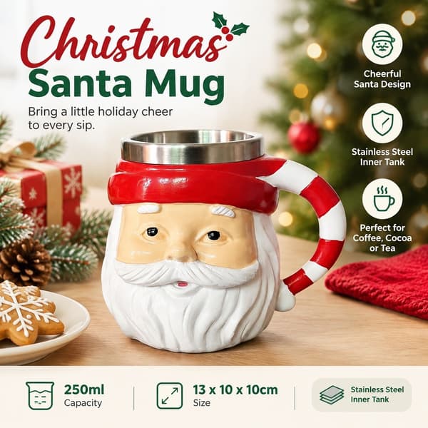Julekrus med julemandsdesign, rustfrit stål, 250 ml, 13x10x10 cm