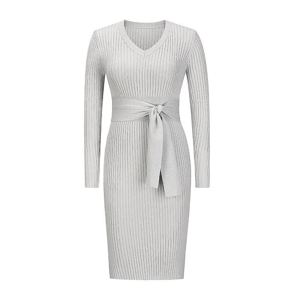 Dam Höst Vinter Elegant Långärmad V-ringad Slim Fit Knyt Klänningar Stickade Black S