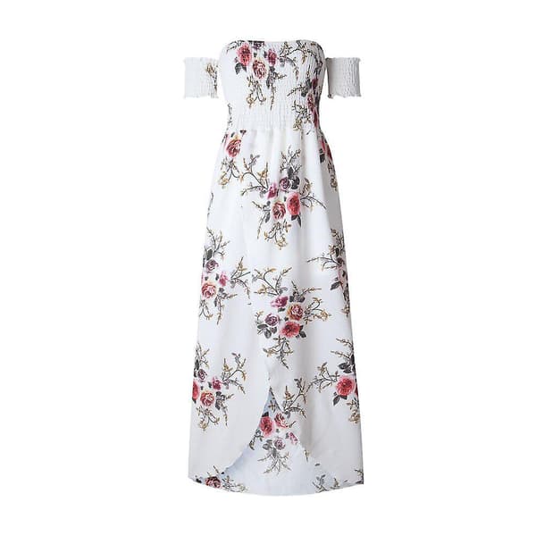 Lång Maxiklänning Dam Off Shoulder Strand Sommarklänningar Blommigt Tryck Chiffong Pink L