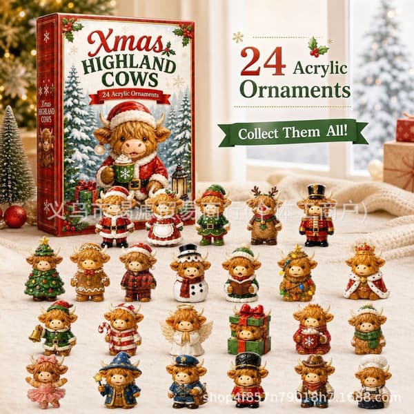 Highland Cow julkalender, 24-dagars nedräkningspresentask, PVC-dekoration