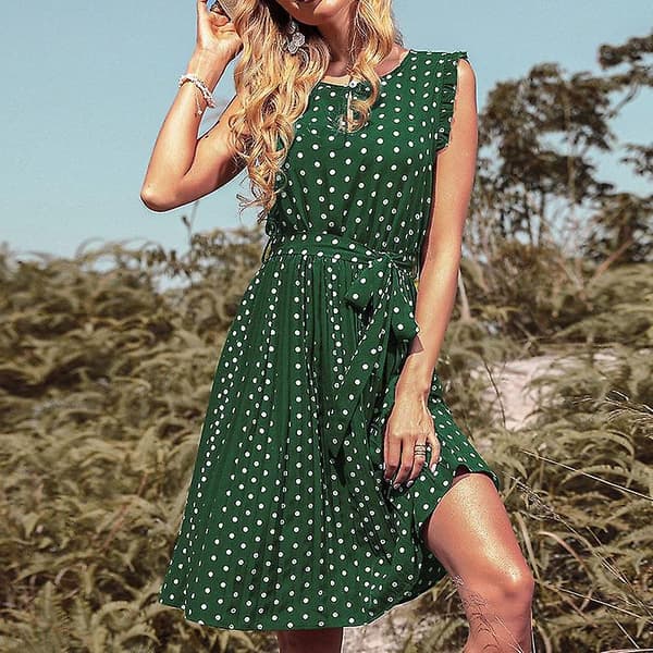 Tryckt Rundhals Kortärmad Prickig Plisserad Chic Snörklänning S-xl Green S