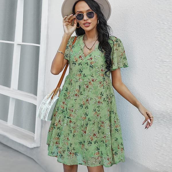 Vårprint Kvinner Kortermet V-hals Blomster Sommer Chiffonkjole Blue M