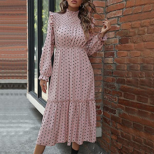 Kvinders Temperament Pink Langærmet Polka Dot Efterår Flæser Løs A-line Kjole Pink S