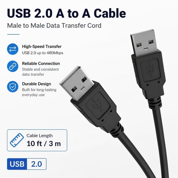 USB 2.0 A till A-kabel 3m, hane till hane dataöverföringskabel för bärbar dator, PC, hårddisk, svart