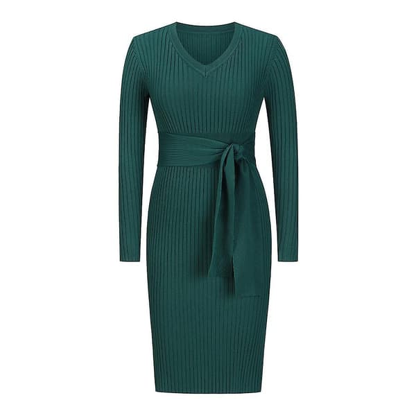 Kvinder Efterår Vinter Elegant Langærmet V-hals Slim Fit Slips Strikkede Kjoler Green S