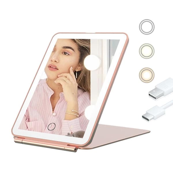 USB Genopladeligt Makeupspejl Bærbart Dæmpbart Badeværelsesspejl med 3 Lysfarver Pink