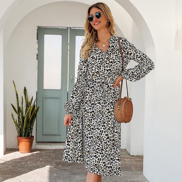 Sommar Casual Leopardtryck Knäppning Damklänning V-ringning Långärmad Mid-calf S-xl Khaki M