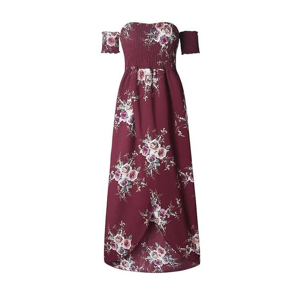 Lang Maxi Kvinder Off Shoulder Strand Sommerkjoler Blomsterprint Chiffon Pink M