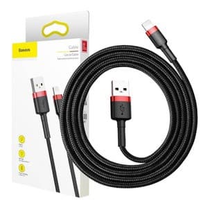 USB til Lightning-kabel, 2.4A hurtiglading, 1m, nylonflettet, rød og svart