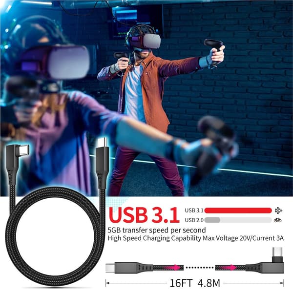 USB-C VR-länkkabel 5m/16FT för PC-streaming, USB 3.1, vinklad kontakt, nylonflätad, kompatibel med Oculus Quest 2, svart