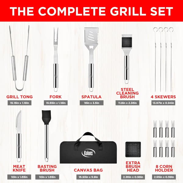 20 stk. grilltilbehør, til udendørs grill med kødtermometer, etui og forklæde