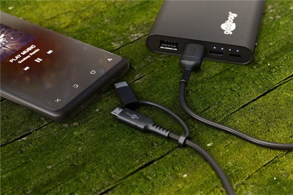 2-i-1 USB-A til Micro-USB/USB-C-kabel, 1m, svart, lading og synkronisering