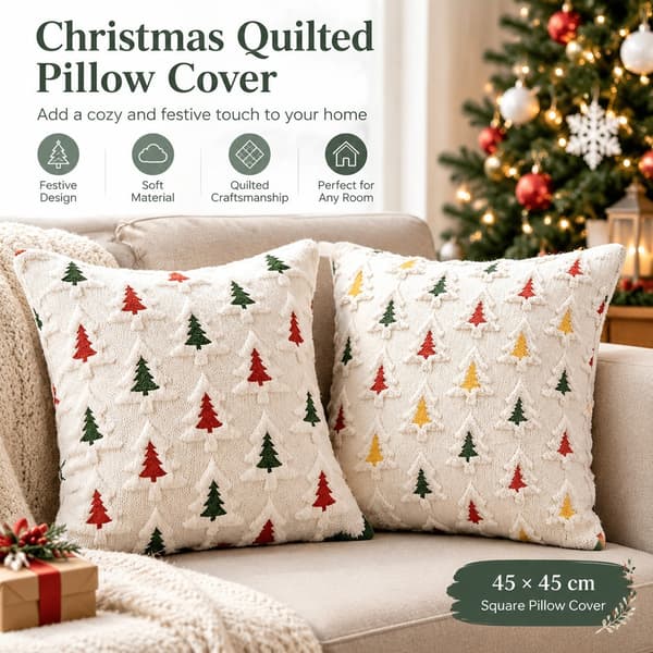 Quiltat julkuddfodral, 45x45 cm kvadratiskt, plysch 3D-gran, för vardagsrumssoffa och sovrum Red & Green Tree Set