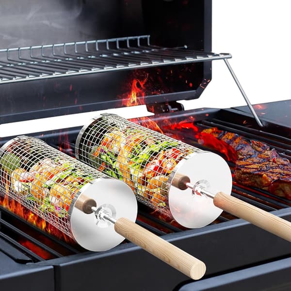Rullende grillkurv, 304 rustfritt stål, stablebare grillverktøy