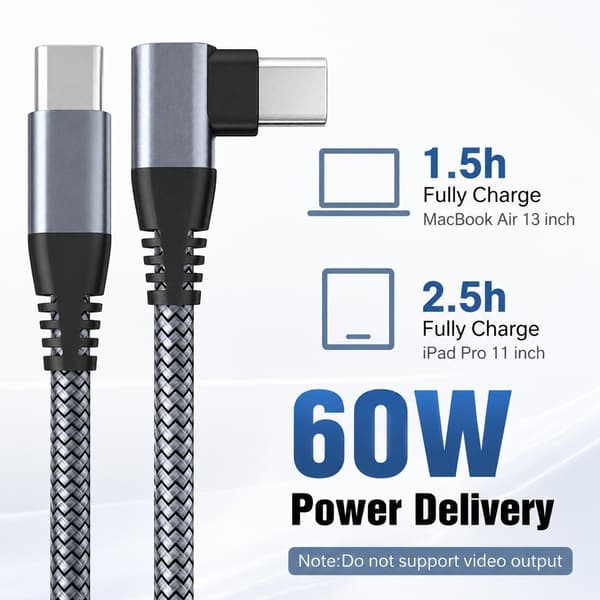 USB-C-kaapeli 60W pikalataus, kulmaliitin, 3m, punottu nailon, harmaa
