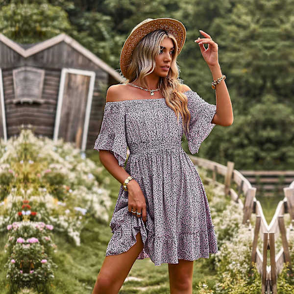 Off Shoulder Printet Dame Forår Sommer Sommerfugleærme Leopard A-line Modekjoler Beige M