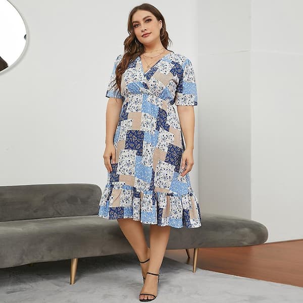 Dam Plus Size V-ringad Kortärmad Hög Midja Elastisk Chic Klänning Xl-5xl Blue 3XL
