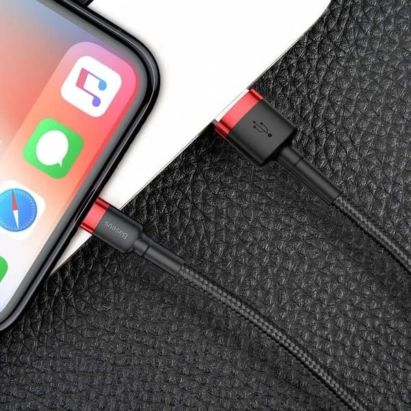USB til Lightning-kabel, 2.4A hurtiglading, 1m, nylonflettet, rød og svart