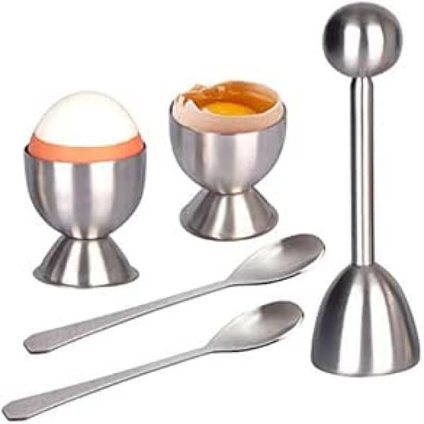 5-delt sett eggåpner i rustfritt stål, eggeskallseparator for rå og kokte egg, sølv